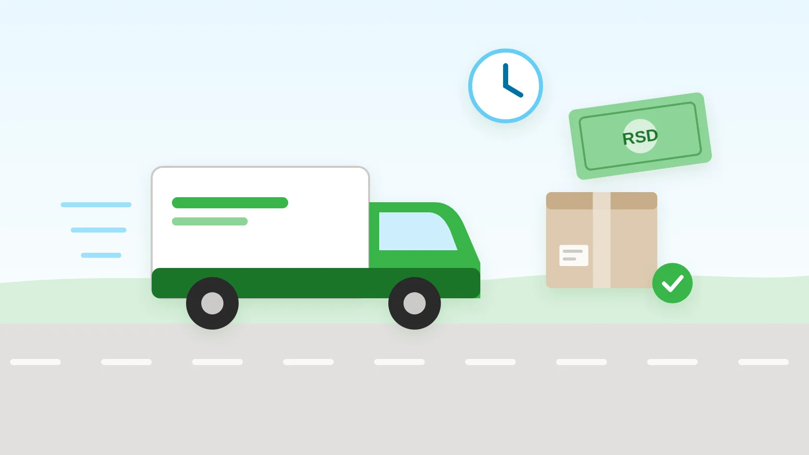 Ilustracija: kombi za dostavu, paket i novčanica